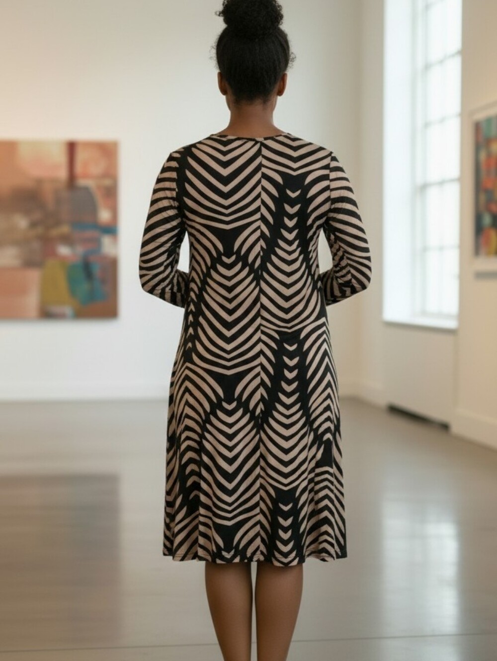 Black Beige Long Sleeve Patterned A-Line Dress Geometric Print Stretchy Casual - Picture 4 of 7
